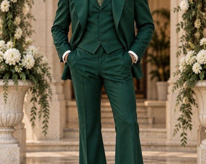 Emerald Green 70s Retro Groom Suit, Wide Lapel, Flared Trousers, Custom Tailored