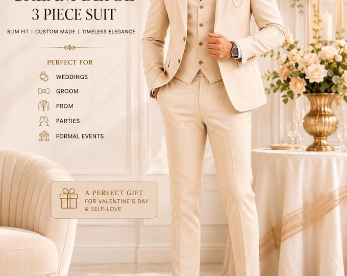Cream Beige 3 Piece Custom Wedding Suit, Slim Fit Groom Tuxedo, Handmade Prom Formal