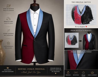 Bespoke Tuxedo Jacket, Burgundy Black Color-Block, Light Blue Shawl Lapel, Daughter's Sketch Design