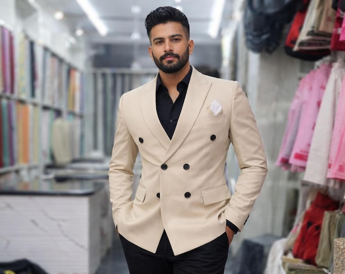 Beige Blazer Double Breasted Wool Blend: Handmade Tailored Formal Jacket Paridhan Tailors