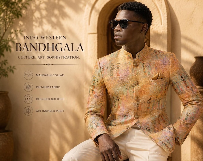 Men's Indo-Western Bandhgala Jacket, Pastel African Print, Mandarin Collar Blazer