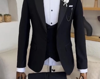 Handmade Black Wool Tuxedo: 3-Piece Suit, Satin Lapel