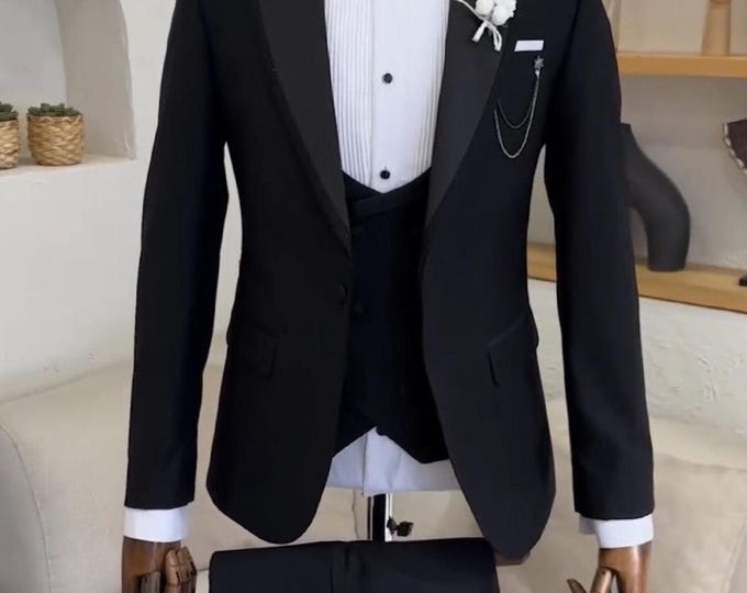 Handmade Black Wool Tuxedo: 3-Piece Suit, Satin Lapel