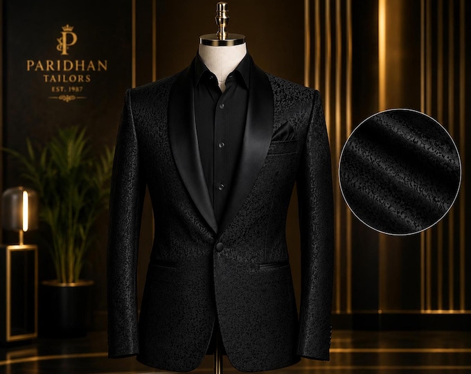 Black jacquard tuxedo for men, floral jacquard dinner jacket, satin shawl lapel