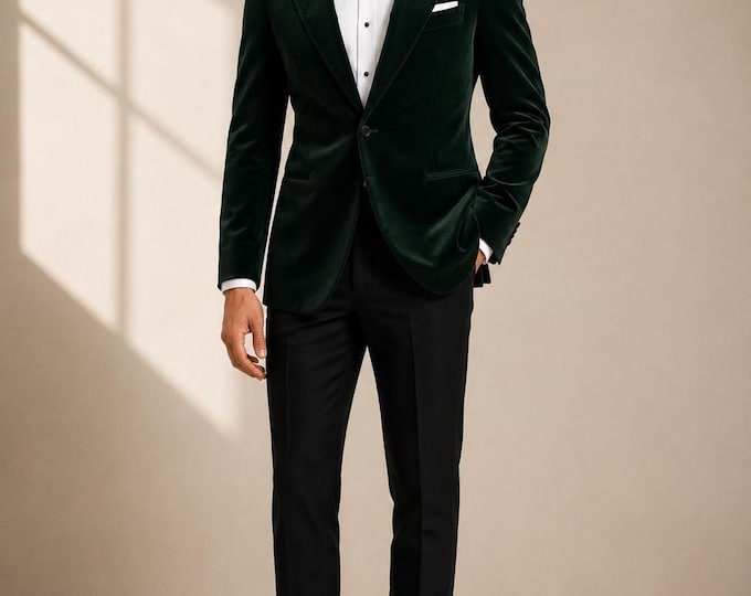 Dark Green Velvet Tuxedo Jacket, Tailored Peak Lapel, Bow Tie Wedding Attire
