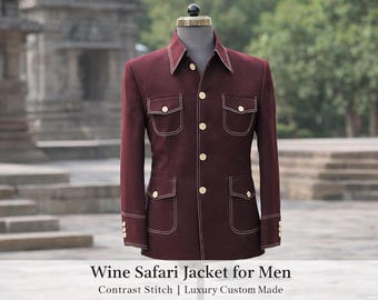 Custom Made Wine Safari Jacket, Contrast Stitch, Gold Button Blazer