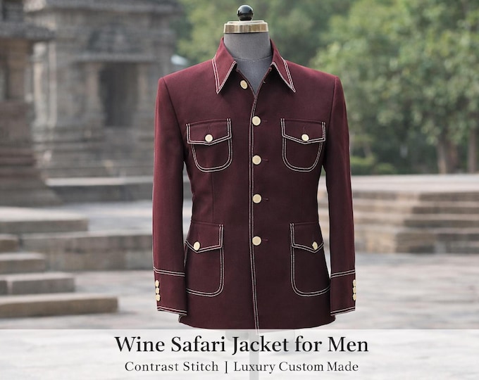 Custom Made Wine Safari Jacket, Contrast Stitch, Gold Button Blazer