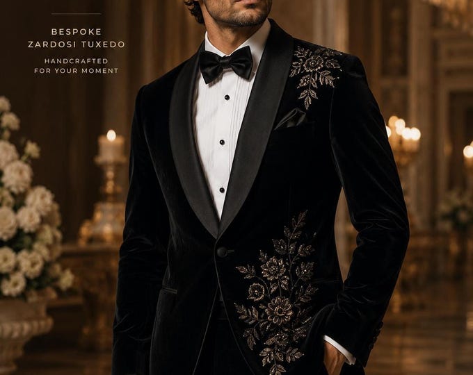 Black Tuxedo, Celestial Moon & Stars Embroidery, Bespoke Groom Suit, Custom Formal Wear