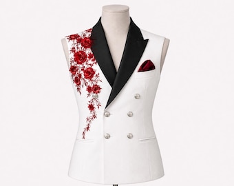 Men's White Double-Breasted Vest | Red Floral Embroidery, Black Shawl Lapel
