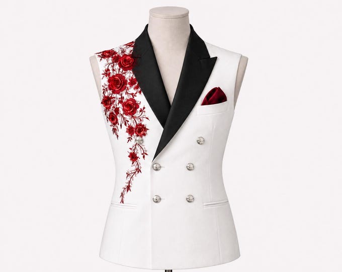 Men's White Double-Breasted Vest | Red Floral Embroidery, Black Shawl Lapel
