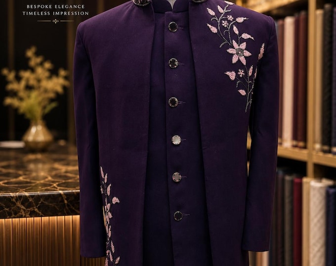 Purple Jodhpuri Suit | Hand-Embroidered Bandhgala Groom Wedding Attire Dark Plum