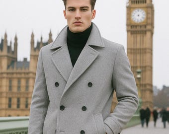 Mens Wool Coat Light Gray: Oversized Long Trench, Minimalist London Style Paridhan Tailors