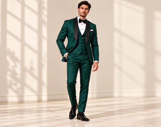 Custom 3-Piece Groom Suit, Emerald Green Tuxedo, Slim Fit Menswear