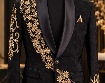 Black Gold Tuxedo  Floral Embroidery Jacket, Men's Wedding Reception Suit