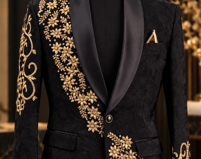 Black Gold Tuxedo  Floral Embroidery Jacket, Men's Wedding Reception Suit
