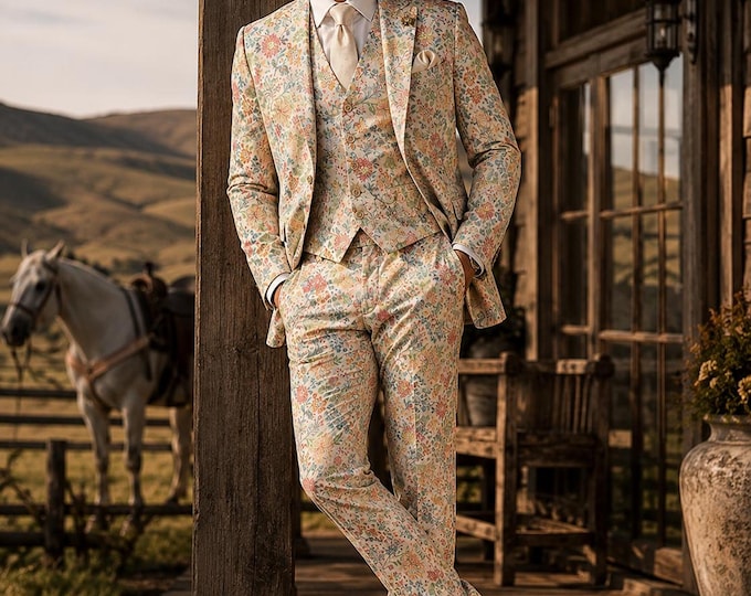 Cream Floral Linen Wedding Suit, Custom 3 Piece, Limited Edition