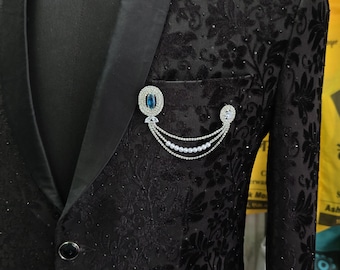 Blue Sapphire Men's Brooch Pin: Luxury Crystal Pearl Lapel Pin Paridhan Tailors