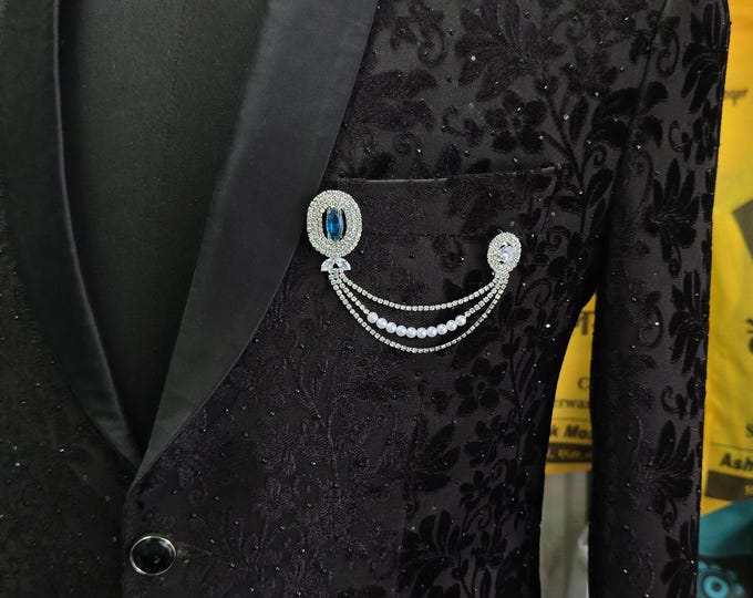 Blue Sapphire Men's Brooch Pin: Luxury Crystal Pearl Lapel Pin Paridhan Tailors
