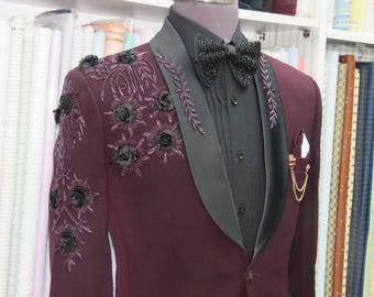 Maroon Suit with Black Floral Embroidery: Handcrafted Groom Wedding Formalwear Paridhan Tailors