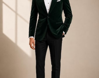 Dark Green Velvet Tuxedo Jacket, Tailored Peak Lapel, Bow Tie Premuim Wedding Attire