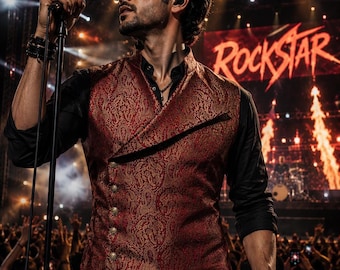 Red Gold Brocade Gothic Vest, Asymmetrical Front Closure, Slim Fit, Vampire Style
