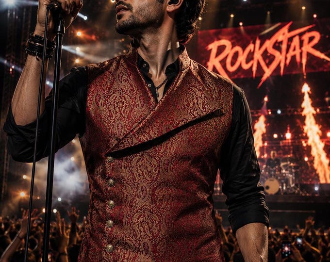 Red Gold Brocade Gothic Vest, Asymmetrical Front Closure, Slim Fit, Vampire Style