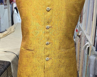 Golden Brocade Nehru Jacket: Kosa Silk Indian Wedding Vest Paridhan Tailors