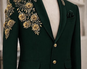 Emerald Green Embroidered Tuxedo Jacket | Gold Floral Groom Blazer, Custom Tailored Prom Dinner Jacket
