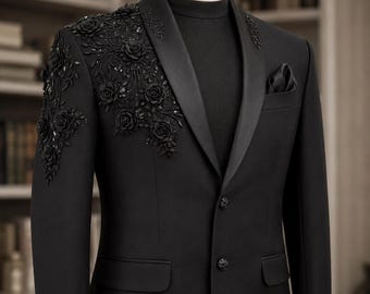 Black Floral Embroidered Groom Jacket | Custom Tailored Luxury Wedding Blazer