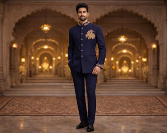 Navy Blue Jodhpuri Elephant Motif Bandhgala | Made to Order Paridhan Tailors