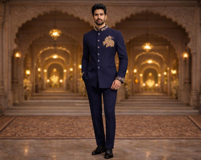 Navy Blue Jodhpuri Elephant Motif Bandhgala | Made to Order Paridhan Tailors