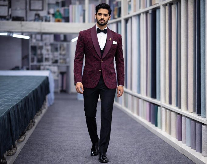 Wine Embroidered Tuxedo Jacket | Slim Fit, Custom Made, Prom Suit, Wedding Jacket for Groom