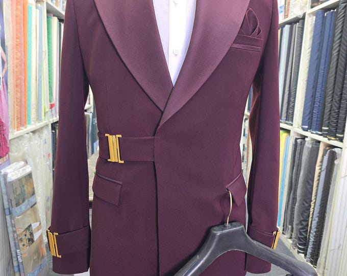 Maroon Tuxedo Suit with Belt Detail | Men's Prom Wedding Blazer, Custom Tailored Formal Outfit