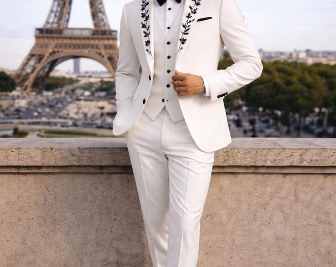 Bespoke White Embroidered Tuxedo for Men | Custom 3 Piece Formal Wear, Wedding Groom Suit