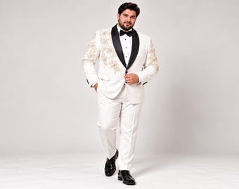 Custom Plus Size Tuxedo for Men, Made-to-Measure Wedding Groom Suit FLORAL WORK, Handcrafted Beads
