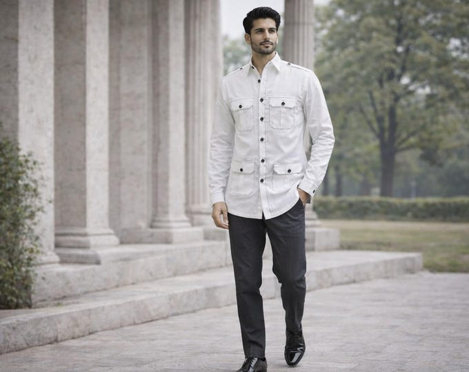 White Cotton Utility Shirt Black Tailored Trouser Set | Smart Casual Outfit