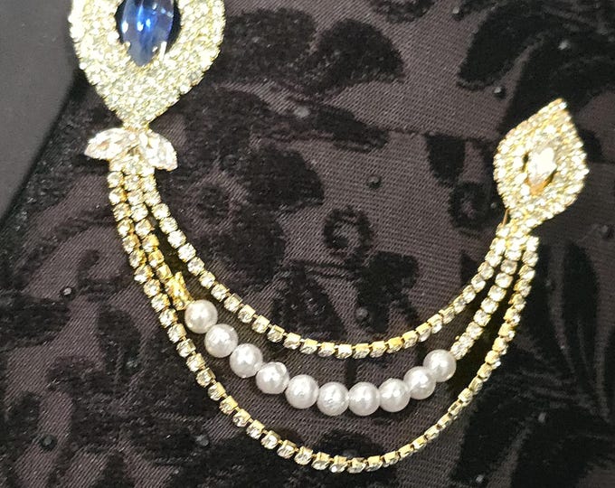 Sapphire Blue Brooch Pin – Gold Crystal Pearl Lapel Chain