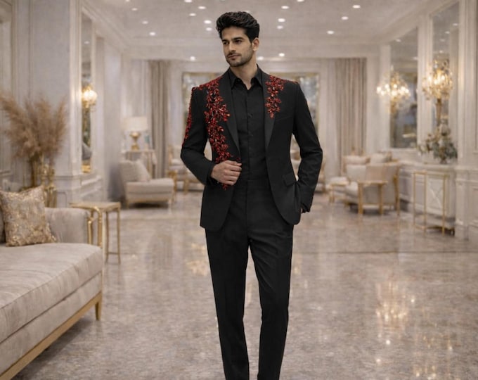 Black Suit Red Floral Embroidery, Luxury Embroidered Tuxedo, Prom Wedding Attire