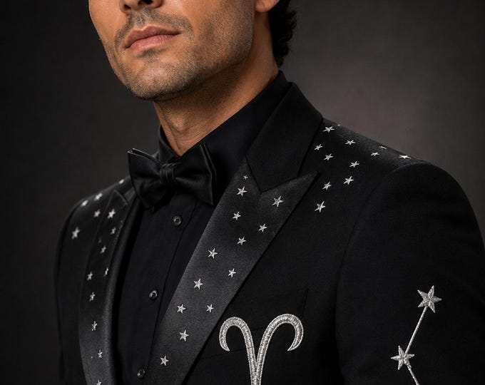 Aries Zodiac Tuxedo | Black Crystal Suit | Star Constellation Detail | Made To Measure