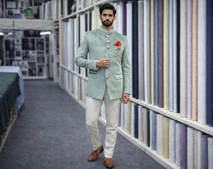 Sea Green Bandhgala Suit | Textured Indian Groom Wedding Outfit