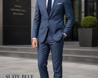 Slate Blue Merino Wool Suit Fabric, Lightweight Raymond Blend, Custom Tailoring