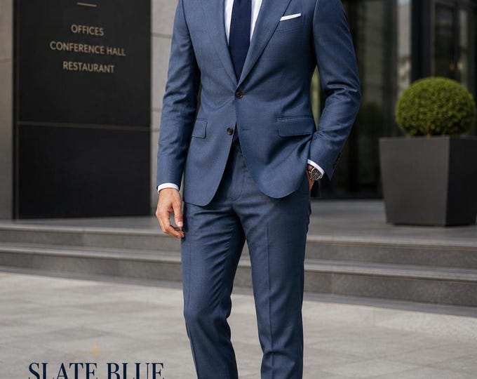 Slate Blue Merino Wool Suit Fabric, Lightweight Raymond Blend, Custom Tailoring