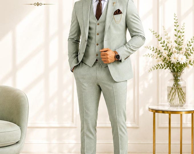 Sage Green Suit | Custom Wedding 3-Piece Men's Outfit, Prom, Bespoke Tuxedo