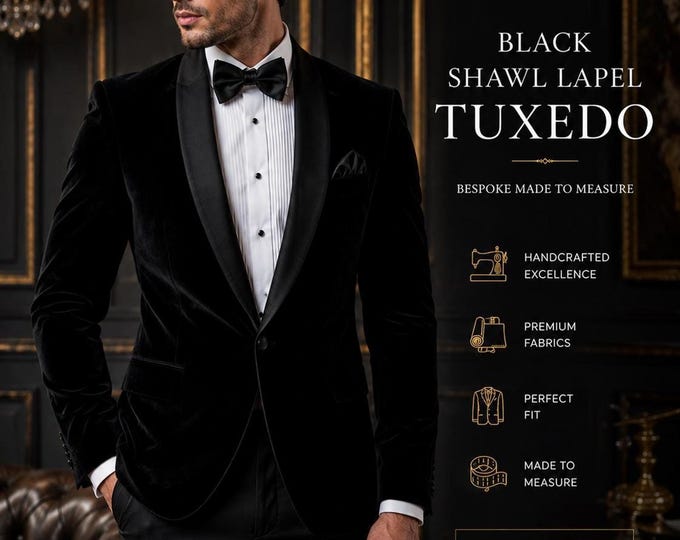 Black Velvet Tuxedo, Satin Shawl Lapel, Bespoke Made to Measure Suit