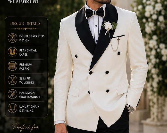 White Double Breasted Suit | Custom Slim Fit Wedding Groom Attire Black Lapel, 6 Button