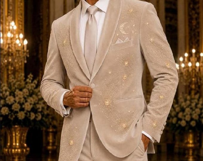 Luxury Celestial Tuxedo | Gold Star & Moon Embroidered Wedding Suit