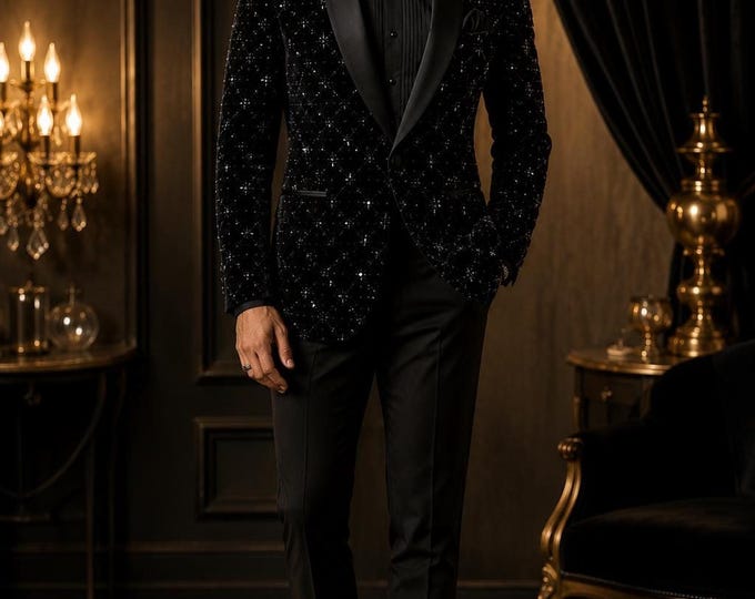 Black Velvet Suit for Men, Embroidered Blazer, Custom Prom Suit