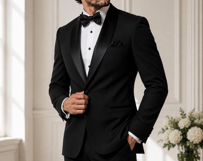 Black Wedding Tuxedo For Men, Satin Lapel, Minimalist Tailored Jacket