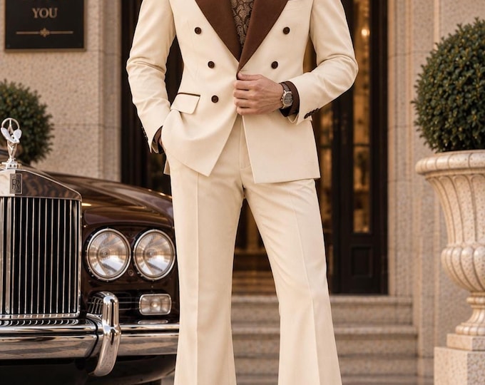 70s Cream Brown Groom Suit | Wide Peak Lapel, Flared Trousers (Custom Tailored)