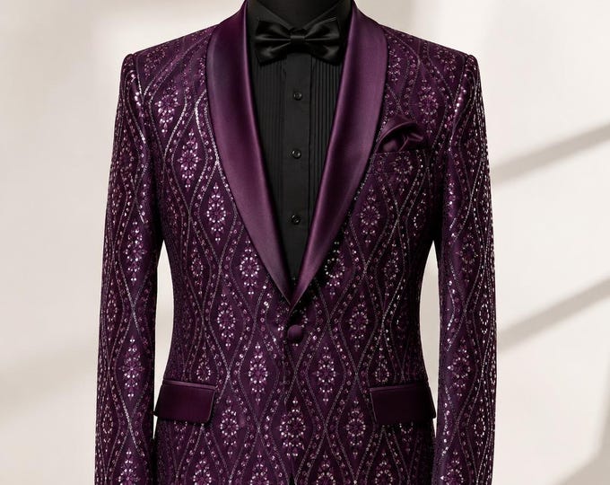 Purple Sequin Tuxedo Jacket | Geometric Embroidered Shawl Lapel Dinner Blazer